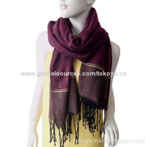 Jacquard scarf with yarn dyed and tassels, made of lurex, wool and cotton, 180*70+8cm size